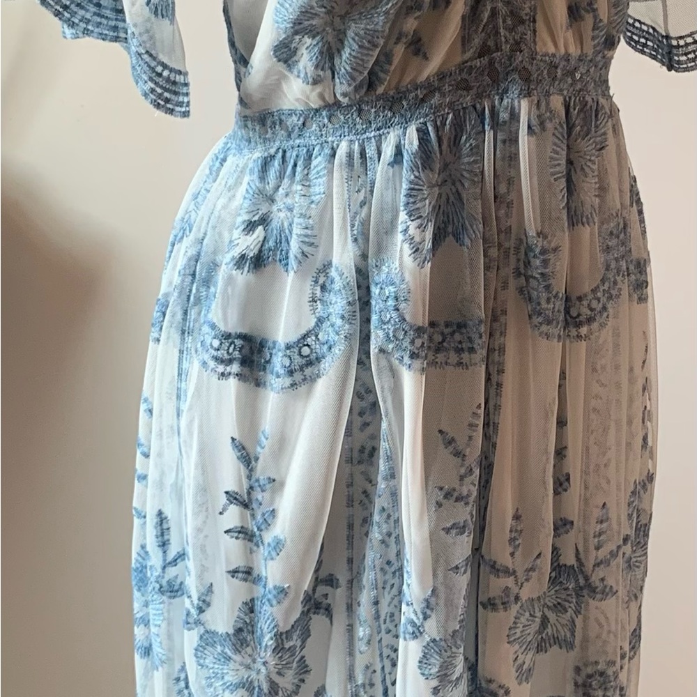 Sweet blue and white lace long dress